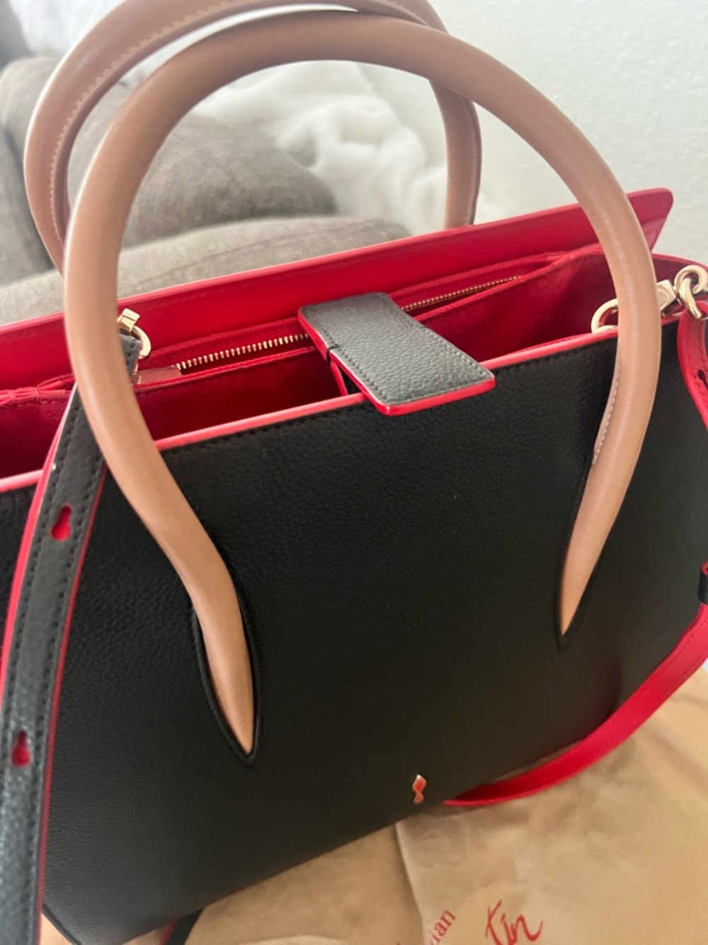 Christian Louboutin Paloma Black Studded Tote with Tan Handles medium - Picture 7 of 11